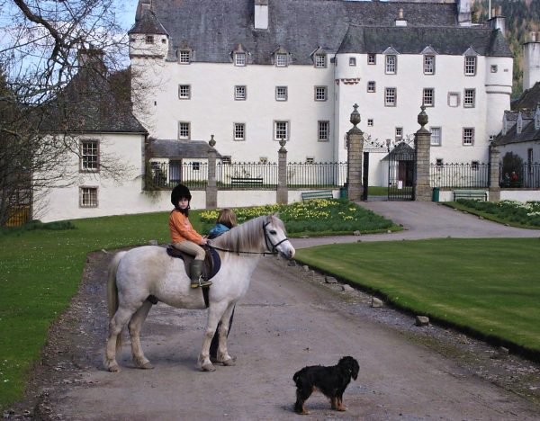 One of the children of Catherine Maxwell Stewart, the present lady of the house, with her pony and dog