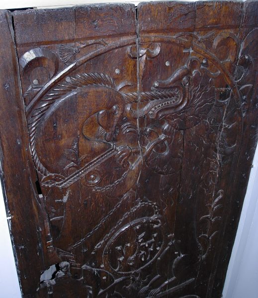 Scottish carved oak door dated 1601. The initials LVH are those of the fifth Baron Herries